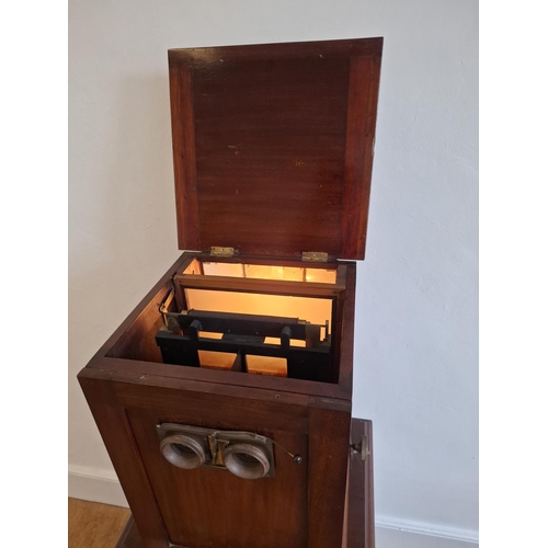 136 - Rare early 20th century mechanical table top stereoscopic viewer with slides and cabinet. Cabinet do... 