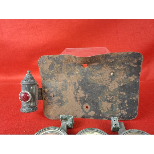 195 - Antique motorcycle metal licence plate with lamp and tax disc holders