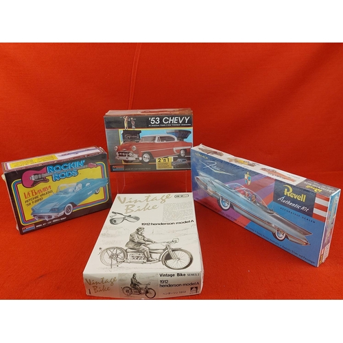 340 - 4 x Model car and bike kits by Monogram, Ravell and Riko. All complete sets unused