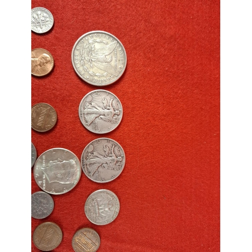 110 - Collection of various American coins including 1879 silver dollar 2x silver half dollars & 1 silver ... 