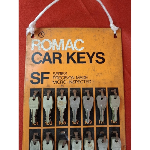 211 - Romac tin car key display unit with keys. Height 75cm Width 20cm