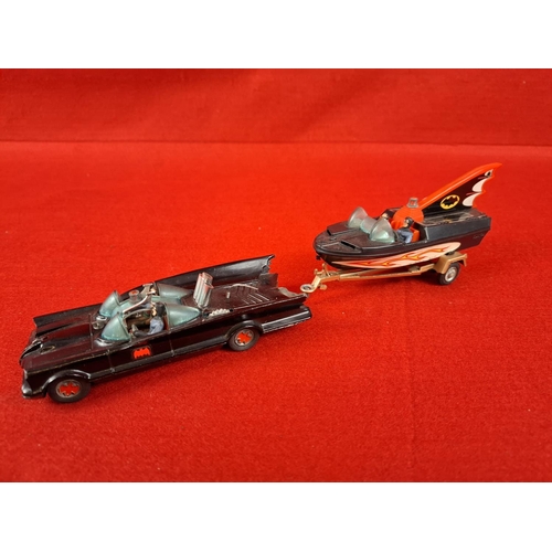 251 - Corgi gift set Batmobile and Bat boat on trailer. Batmobile !st issue with red bat hub caps. Figures... 