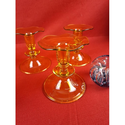 273 - Collection of mixed glass including 4 amber coloured candlesticks, multi cloured bonbon dish and Bri... 