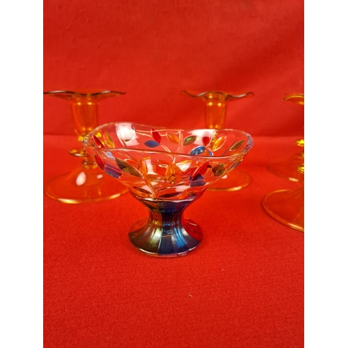 273 - Collection of mixed glass including 4 amber coloured candlesticks, multi cloured bonbon dish and Bri... 