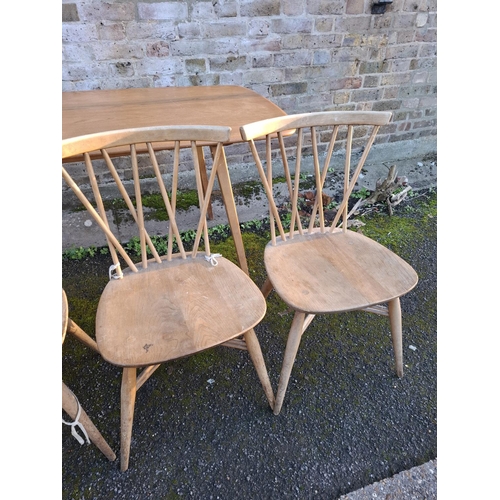 295 - Ercol light wood furniture including dining table, drinks trolley & 3 candlestick chairs