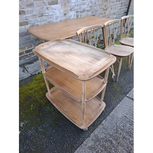 295 - Ercol light wood furniture including dining table, drinks trolley & 3 candlestick chairs