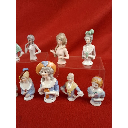 306 - Nice collection of china pin chusion dolls including Bisque German doll marked 3615