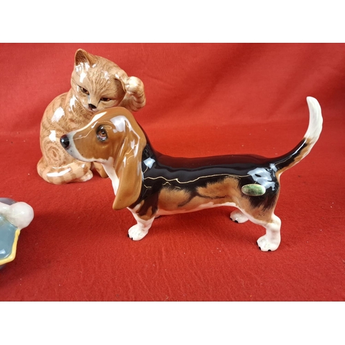 317 - 3 x Beswick animals Bassett Hound, Poodle on a pillow & Cat 1877