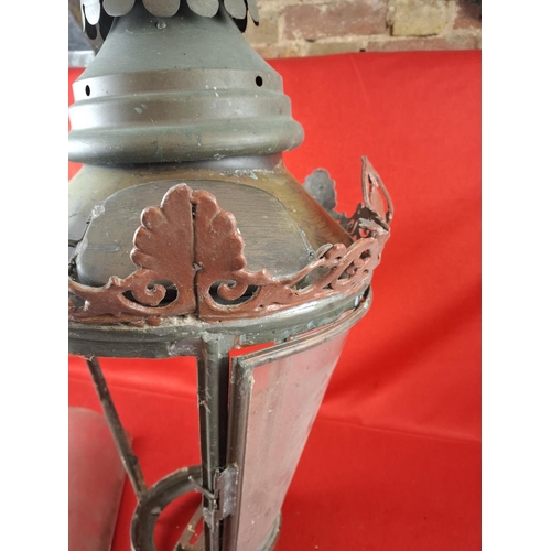 351 - Antique metal outdoor lantern with glass inserts