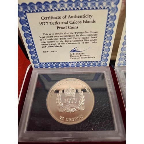 95 - 1977 Silver proof Turks and Caicos Islands 25 crown coin and 1977 Silver proof Cayman Islands 25 dol... 