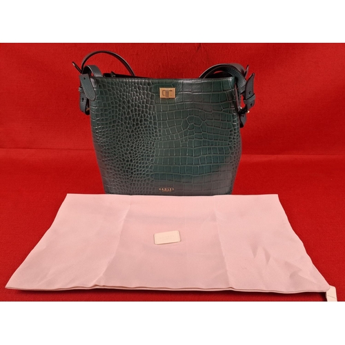 210 - Radley designer leather moc croc dark green handbag. With storage bag.