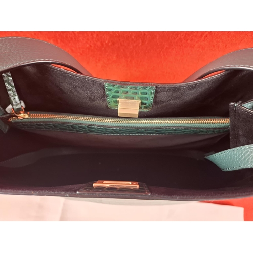 210 - Radley designer leather moc croc dark green handbag. With storage bag.