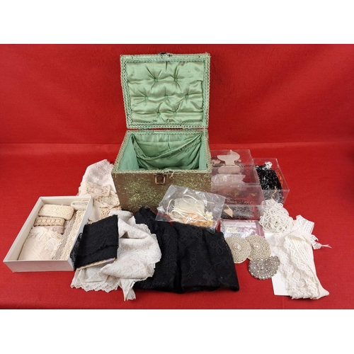 228 - Vintage sewing materials, lace & sewing box