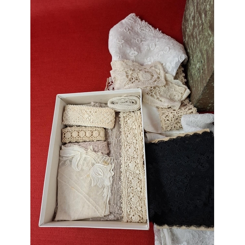 228 - Vintage sewing materials, lace & sewing box