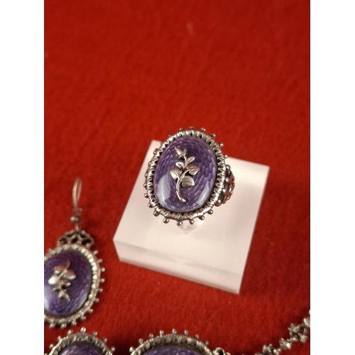 100 - Attractive early 20th century silver hallmarked set including bracelet, earrings and ring with ename... 