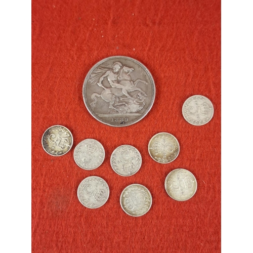 112 - 1889 full crown and 7 silver 3 pence coins