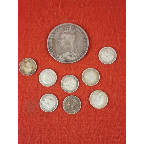 112 - 1889 full crown and 7 silver 3 pence coins