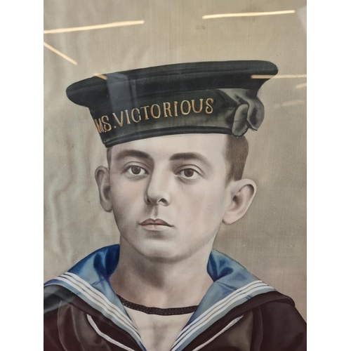 142 - Edwardian silk picture of sailor in uniform from HMS Victorious H67cm W52cm
