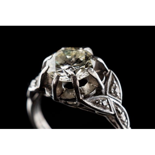 83 - Platinum (950) ring set with one 1.60 carat Transitional cut diamond. Clarity VS1, colour grade L. T... 