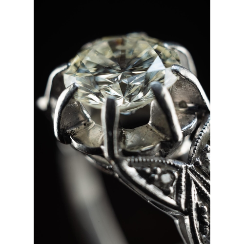 83 - Platinum (950) ring set with one 1.60 carat Transitional cut diamond. Clarity VS1, colour grade L. T... 