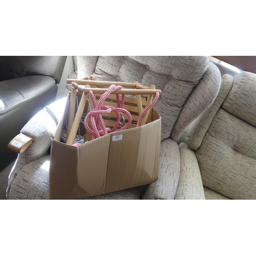 329 - Box of China Mugs, Glasses, Child's Rope Swing etc.