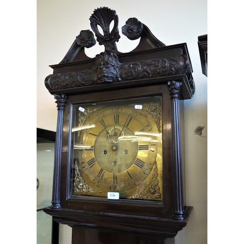 1120 - Tall Irish Carved Mahogany Longcase Clock with Brass Dial By Dublin Maker George Furnace, the Hood c... 