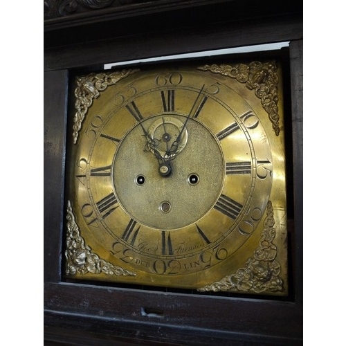 1120 - Tall Irish Carved Mahogany Longcase Clock with Brass Dial By Dublin Maker George Furnace, the Hood c... 