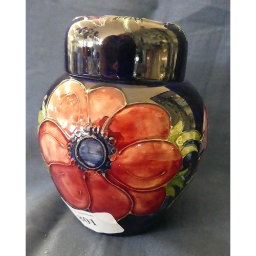 801 - Moorcroft Ginger Jar & Cover Painted with Clematis on a dark Blue ground, Complete with Two Paper La... 