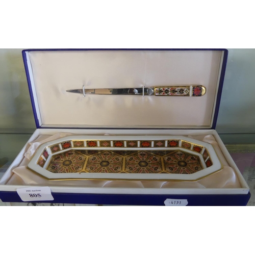 805 - Royal Crown Derby Imari Pattern Letter Opener & Pen Rest in Fitted Case.