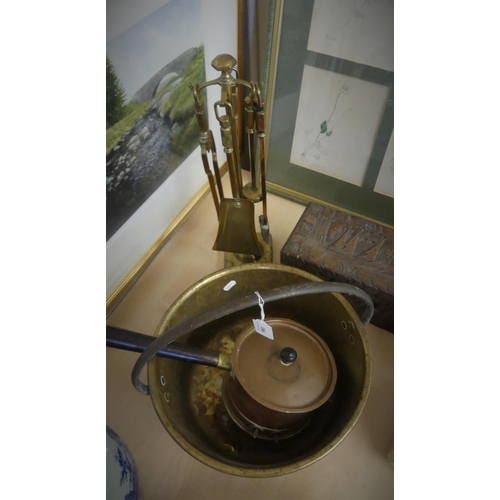 581 - Brass Jelly Pan, Companion Set, Copper Pan & Carved Wood Trinket Box.