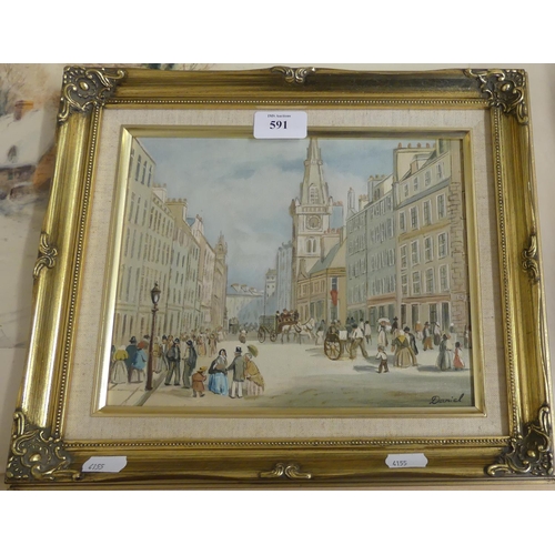 591 - Oil on Board, Victorian Street Scene Signed Daniel, measuring approx 24 x 20cm.