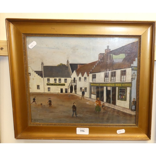 596 - Naive Framed Oil on Board, Topographical Street Scene by M Paterson Dated 1923, showing various Shop... 