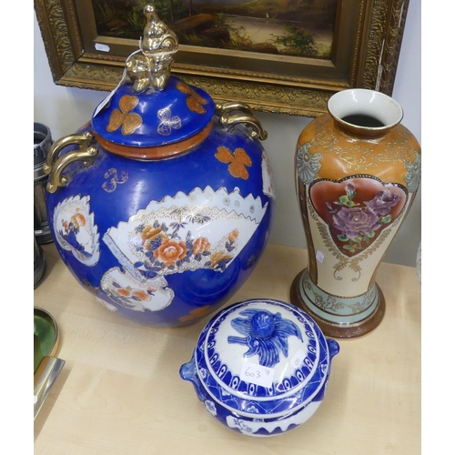 603 - Reproduction Imari Ginger Jar & Cover (AF), Vase & Blue & White Bowl & Cover.