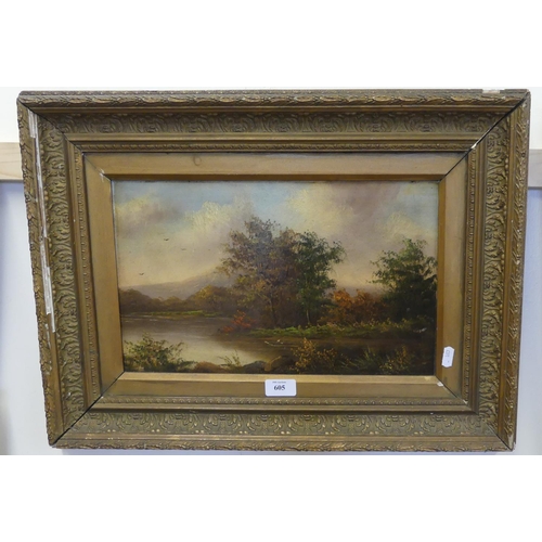 605 - Framed Oil on Board circa 1900, Unsigned, Highland Landscape, measuring 39 x 24cm.