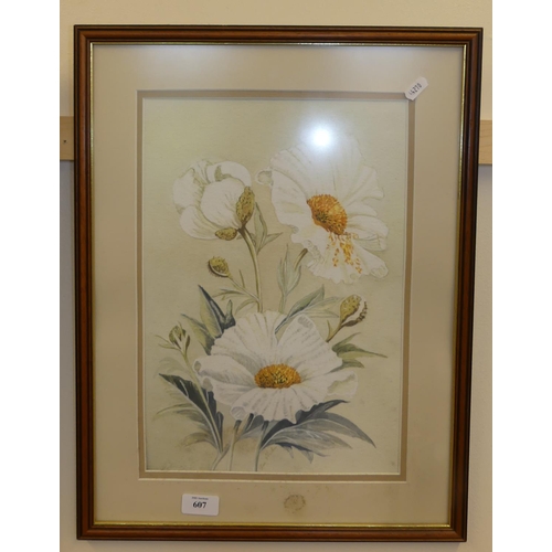 607 - Framed Watercolour Study of Flowers by Nan Haston, measuring approx 26 x 38cm.