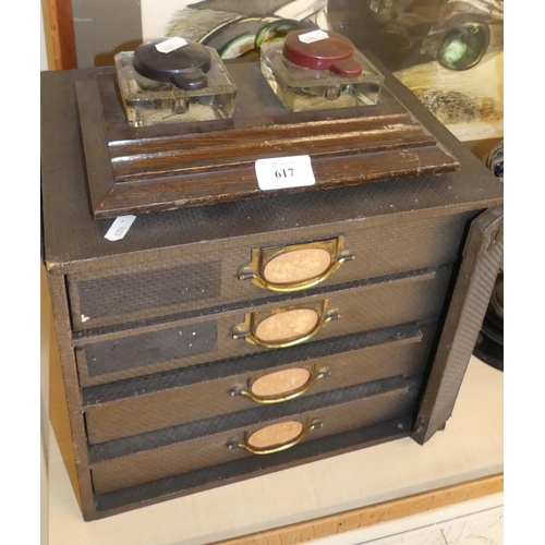 617 - Oak Desk Inkstand & Vintage Office Four Drawer Document Chest.