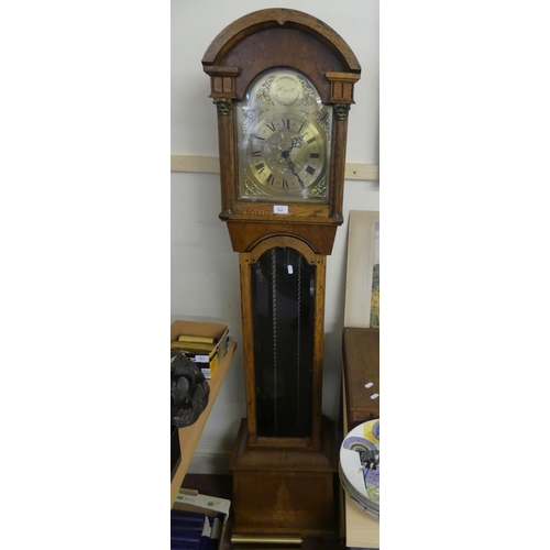 565 - A Good Oak Cased Grandmother Clock with Brass Face, Long Bevelled Glass Door & Three Polished Brass ... 