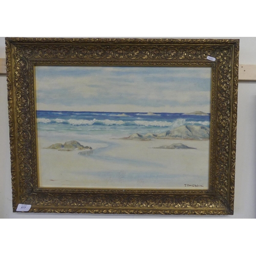 577 - Framed Oil on Board Beach Scene Signed T. Mac.G. White, measuring approx 52 x 36cm.