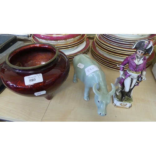 580 - Cloisonne Red Enamel Bowl (AF), Water Buffalo, Figure of Napoleon.