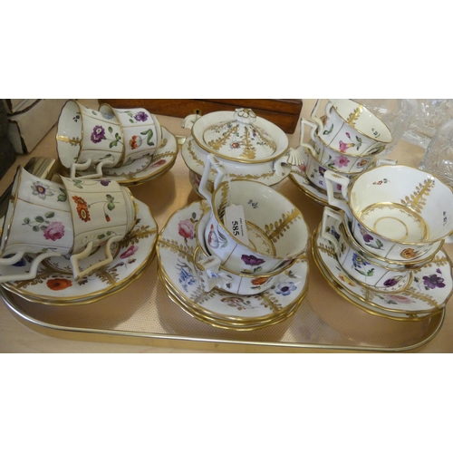 585 - 19th Century Antique Davenport China Tea Set, painted & gilded, colourful flowers and foliage.