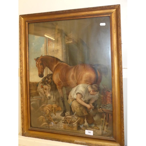 588 - Framed Pears Print of a Blacksmith Shoeing a Hunter, measuring approx 44 x 57cm.