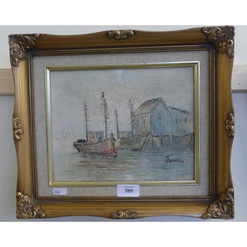 589 - Framed Oil on Canvas - Harbour Scene Signed Jones, measuring approx 24 x 19cm.