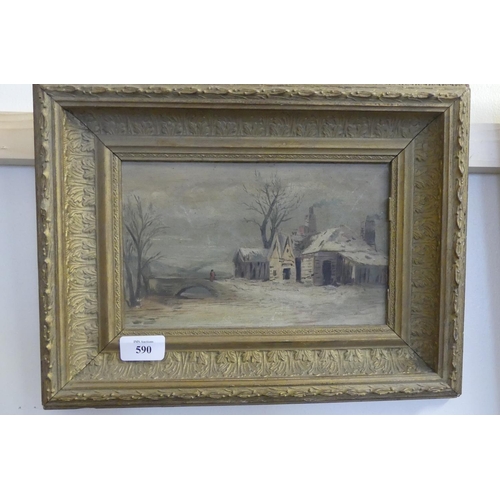 590 - Framed Oil on Canvas - Winter Scene with Farm Type Buildings, Unsigned, measuring approx 24 x 14cm.