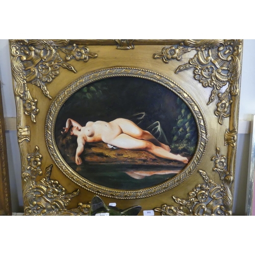 591 - Framed Painting - Reclining female nude, indistinct signature, measuring approx 50 x 40cm.