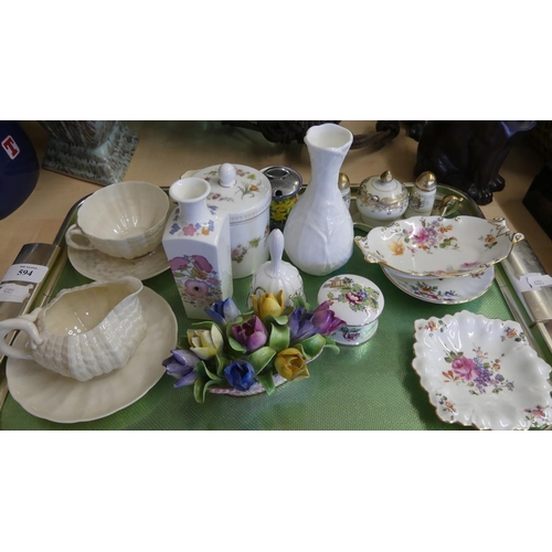 594 - Tray Lot - Belleek, Royal Crown Derby, Noritake etc.