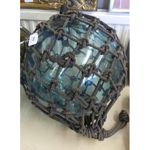 595 - Very Large Decofative Aqua Coloured Glass Fishing Net Float in Rope Bag.