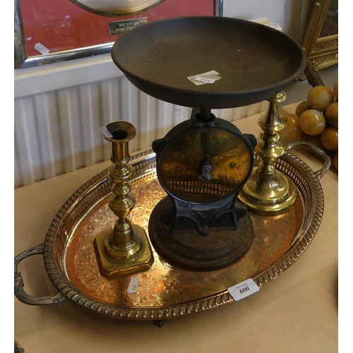 600 - Silver Plated Tray, Two Brass Candlesticks, Salter Scales.