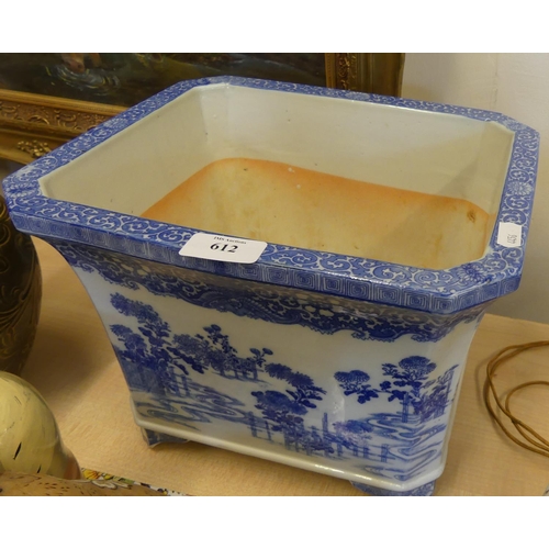 612 - Japanese Blue & White Jardinere, decorated with continuous garden scene, supported on small bracket ... 