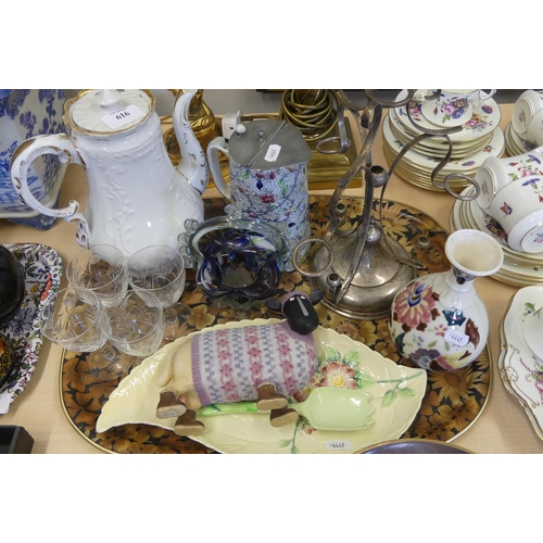 616 - Tray Lot - EP Epergne Carlton Dish, Teapot, Crystal Glasses etc.