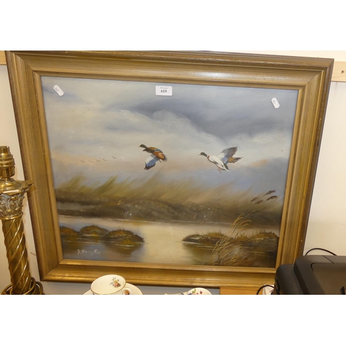 619 - Framed Oil Painting - Mallard Ducks in Flight, indistinct signature, measuring approx 60 x 50cm.